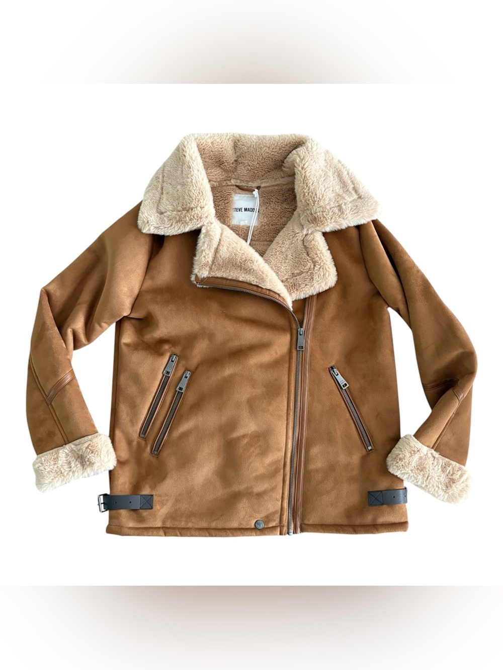 Steve Madden Faux Fur Aviator Jacket NWT Beige Teddy Coat Small